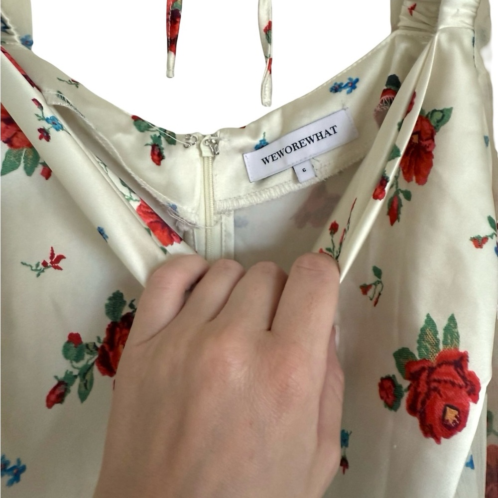WeWoreWhat Dress 6 White Red Long Sleeve Roses Floral Puff Sleeve Cowl - Picture 9 of 14